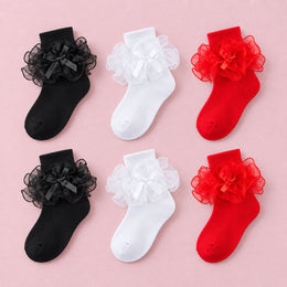 Women's Big Ruffle Bow Dress Socks, 6-pair bundle: White x2, Black x2, Red x2