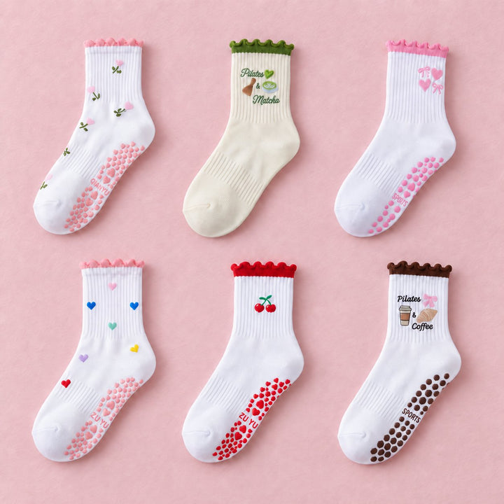 Women's Cute Ruffle Pilates Grip Socks, 6-pair bundle: Multicolor, Multicolor 2#, Multicolor 3#, Multicolor 4#, Multicolor 5#, Multicolor 6#