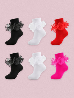 FRILLORA Girls Ruffle Socks with Double Lace Turn-Cuff, 6 Pairs - White, Black, Red, Hot Pink - 6 Pairs