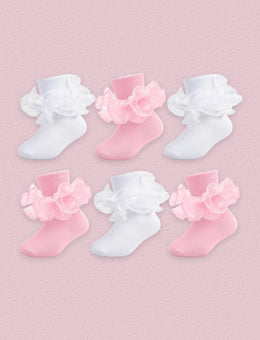 FRILLORA Girls Ruffle Socks with Double Lace Turn-Cuff, 6 Pairs - White, Pink - 6 Pairs