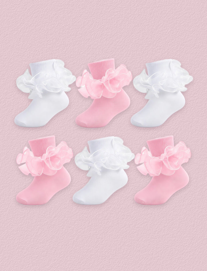 FRILLORA Girls Ruffle Socks with Double Lace Turn-Cuff, 6 Pairs - White, Pink - 6 Pairs