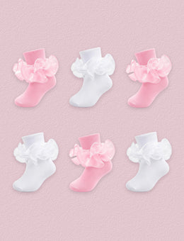 FRILLORA Girls Ruffle Socks with Double Lace Turn-Cuff, 6 Pairs - White, Pink - 6 Pairs