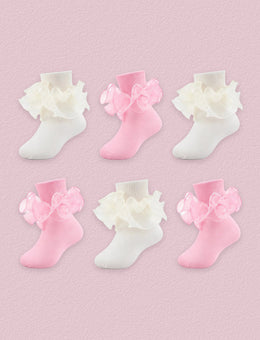 FRILLORA Girls Ruffle Socks with Double Lace Turn-Cuff, 6 Pairs - Beige, Pink - 6 Pairs
