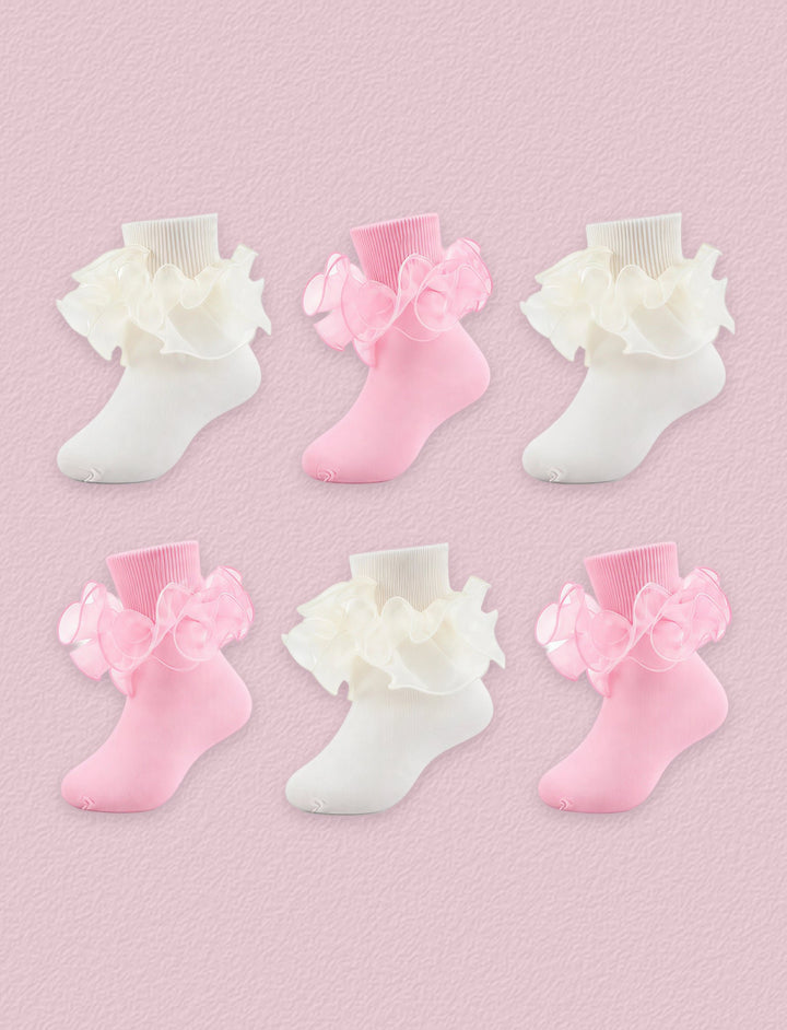 FRILLORA Girls Ruffle Socks with Double Lace Turn-Cuff, 6 Pairs - Beige, Pink - 6 Pairs