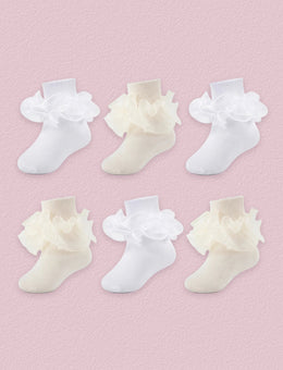 FRILLORA Girls Ruffle Socks with Double Lace Turn-Cuff, 6 Pairs - White, Beige - 6 Pairs