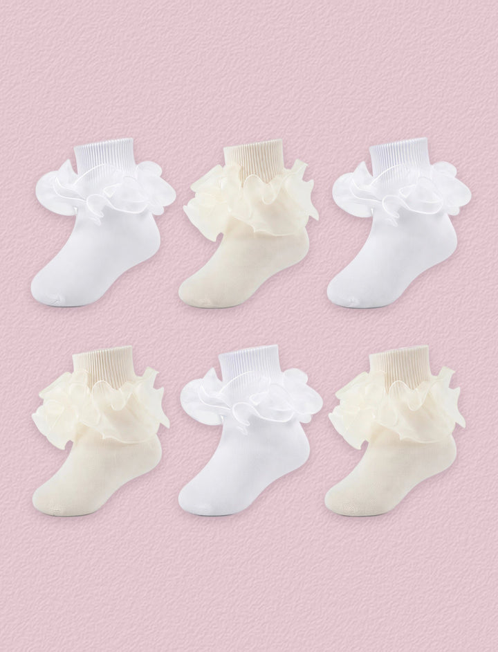 FRILLORA Girls Ruffle Socks with Double Lace Turn-Cuff, 6 Pairs - White, Beige - 6 Pairs