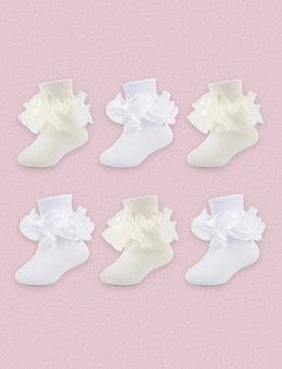 FRILLORA Girls Ruffle Socks with Double Lace Turn-Cuff, 6 Pairs - White, Beige - 6 Pairs