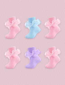 FRILLORA Girls Ruffle Socks with Double Lace Turn-Cuff, 6 Pairs - Pink, Light Blue, Purple - 6 Pairs