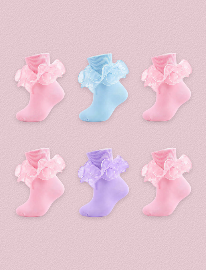 FRILLORA Girls Ruffle Socks with Double Lace Turn-Cuff, 6 Pairs - Pink, Light Blue, Purple - 6 Pairs
