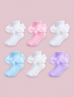 FRILLORA Girls Ruffle Socks with Double Lace Turn-Cuff, 6 Pairs - White, Pink, Light Blue, Purple - 6 Pairs