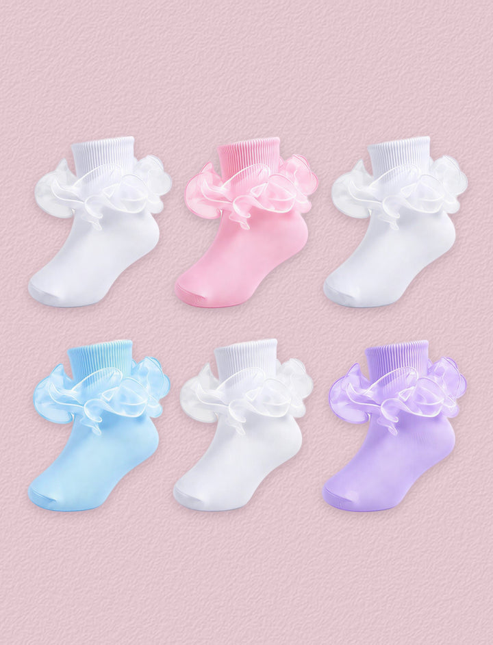 FRILLORA Girls Ruffle Socks with Double Lace Turn-Cuff, 6 Pairs - White, Pink, Light Blue, Purple - 6 Pairs