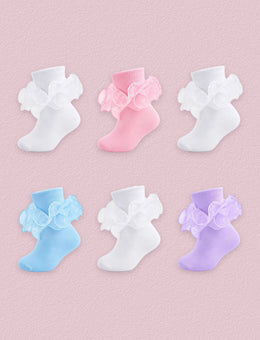 FRILLORA Girls Ruffle Socks with Double Lace Turn-Cuff, 6 Pairs - White, Pink, Light Blue, Purple - 6 Pairs