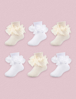 FRILLORA Girls Ruffle Socks with Double Lace Turn-Cuff, 6 Pairs - White, Beige 2# - 6 Pairs