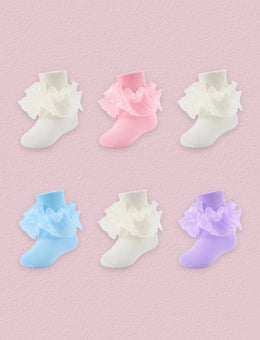 FRILLORA Girls Ruffle Socks with Double Lace Turn-Cuff, 6 Pairs - Beige, Pink, Light Blue, Purple - 6 Pairs