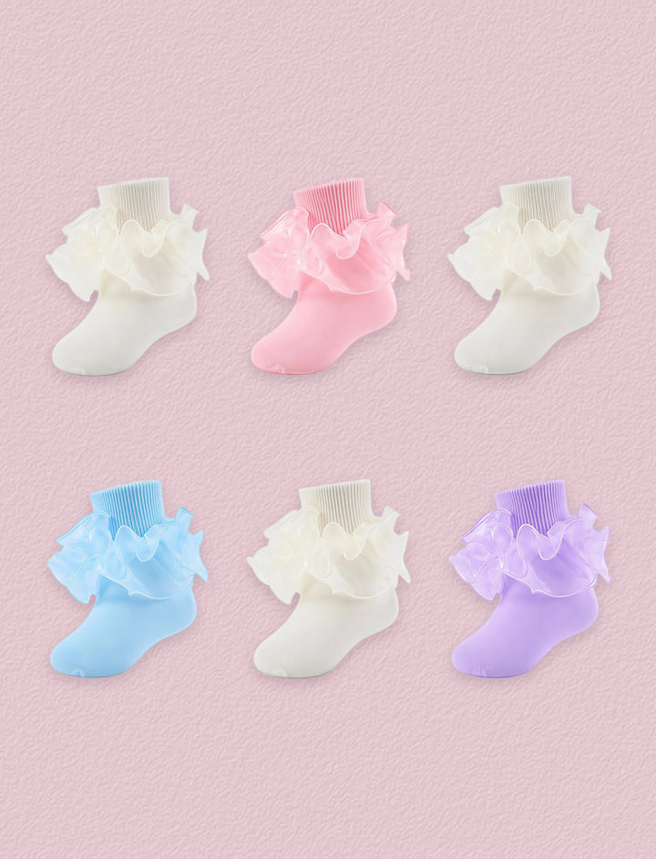 FRILLORA Girls Ruffle Socks with Double Lace Turn-Cuff, 6 Pairs - Beige, Pink, Light Blue, Purple - 6 Pairs