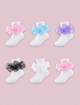 FRILLORA Girls Ruffle Socks with Double Lace Turn-Cuff, 6 Pairs - Pink, Blue, Purple, White, Black - 6 Pairs