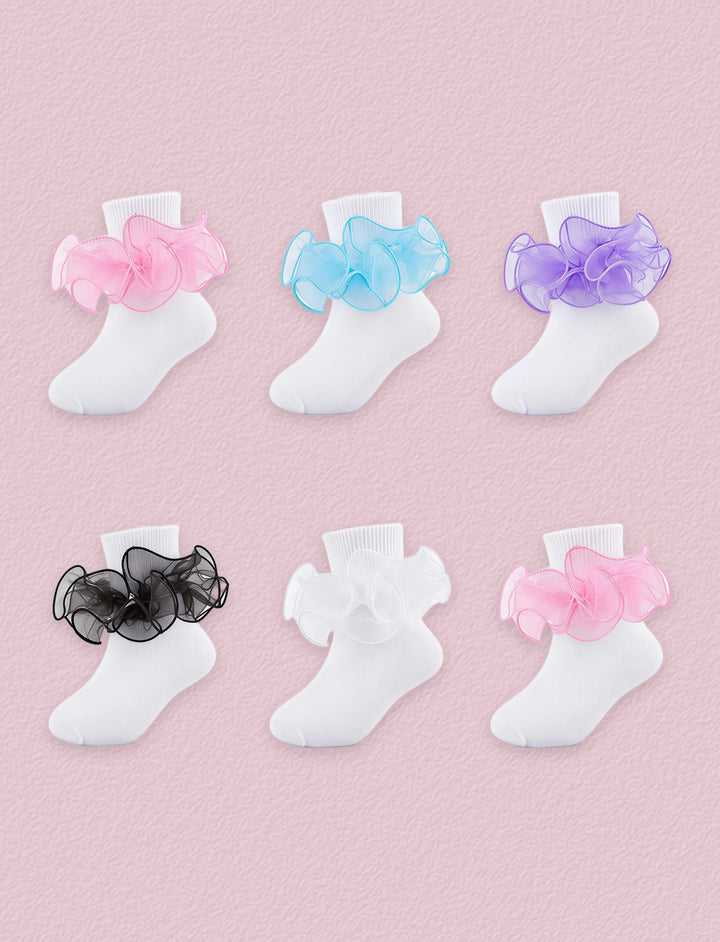FRILLORA Girls Ruffle Socks with Double Lace Turn-Cuff, 6 Pairs - Pink, Blue, Purple, White, Black - 6 Pairs