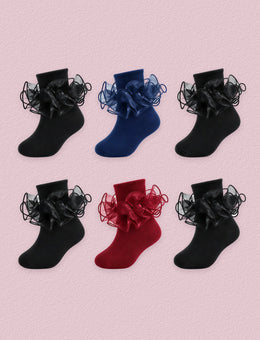FRILLORA Girls Ruffle Socks with Double Lace Turn-Cuff, 6 Pairs - Black, Burgundy, Navy Blue - 6 Pairs