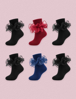 FRILLORA Girls Ruffle Socks with Double Lace Turn-Cuff, 6 Pairs - Black, Burgundy, Navy Blue - 6 Pairs