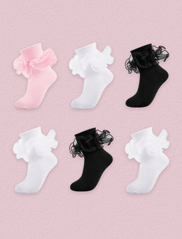FRILLORA Women's Big Double-Ruffle Turn-Cuff Dress Socks, 6 Pairs - Black, White, Pink - 6 Pairs