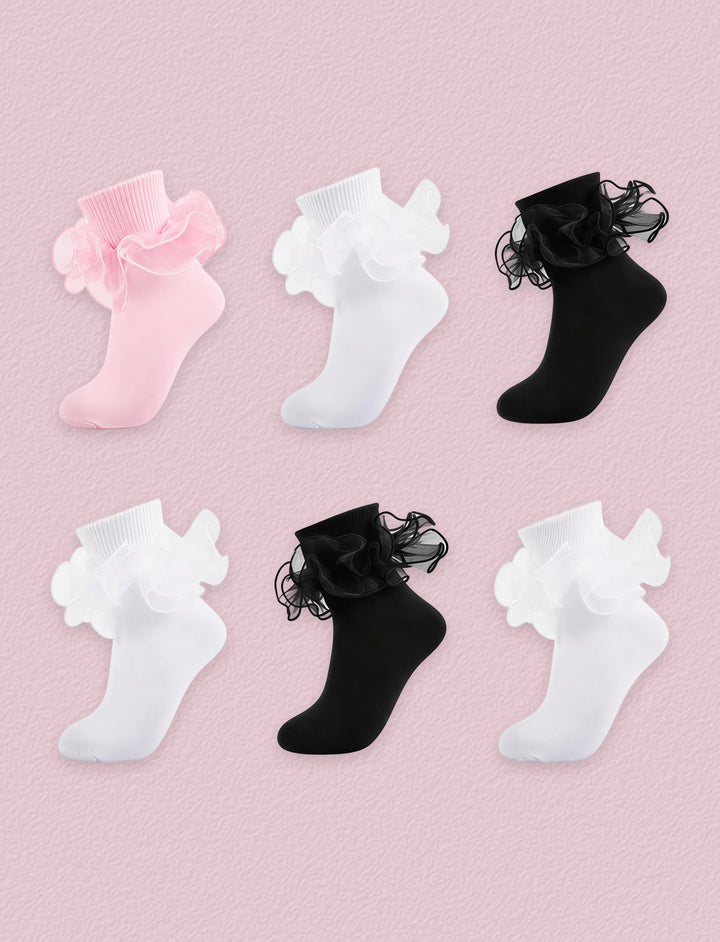 FRILLORA Women's Big Double-Ruffle Turn-Cuff Dress Socks, 6 Pairs - Black, White, Pink - 6 Pairs