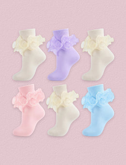 FRILLORA Women's Big Double-Ruffle Turn-Cuff Dress Socks, 6 Pairs - Cream, Pink, Purple, Light Blue - 6 Pairs