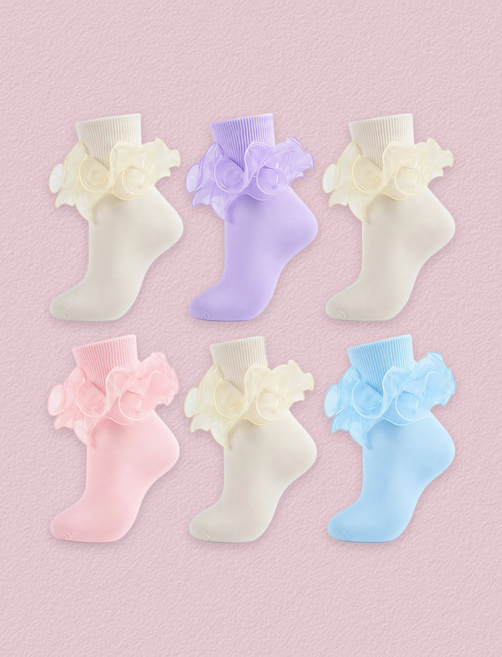 FRILLORA Women's Big Double-Ruffle Turn-Cuff Dress Socks, 6 Pairs - Cream, Pink, Purple, Light Blue - 6 Pairs