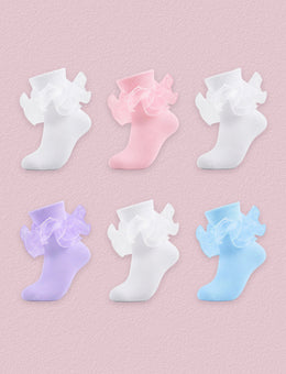 FRILLORA Women's Big Double-Ruffle Turn-Cuff Dress Socks, 6 Pairs - White, Pink, Purple, Light Blue - 6 Pairs