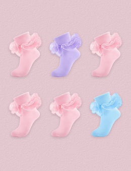 FRILLORA Women's Big Double-Ruffle Turn-Cuff Dress Socks, 6 Pairs - Pink, Purple, Light Blue - 6 Pairs
