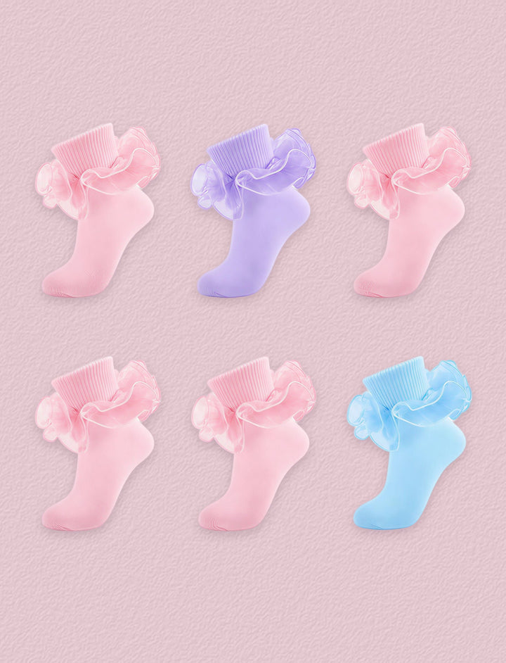 FRILLORA Women's Big Double-Ruffle Turn-Cuff Dress Socks, 6 Pairs - Pink, Purple, Light Blue - 6 Pairs