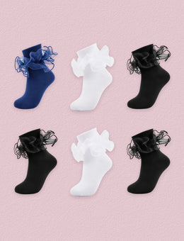 FRILLORA Women's Big Double-Ruffle Turn-Cuff Dress Socks, 6 Pairs - Navy Blue, White, Black - 6 Pairs