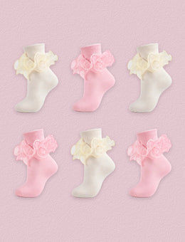 FRILLORA Women's Big Double-Ruffle Turn-Cuff Dress Socks, 6 Pairs - Cream, Pink - 6 Pairs