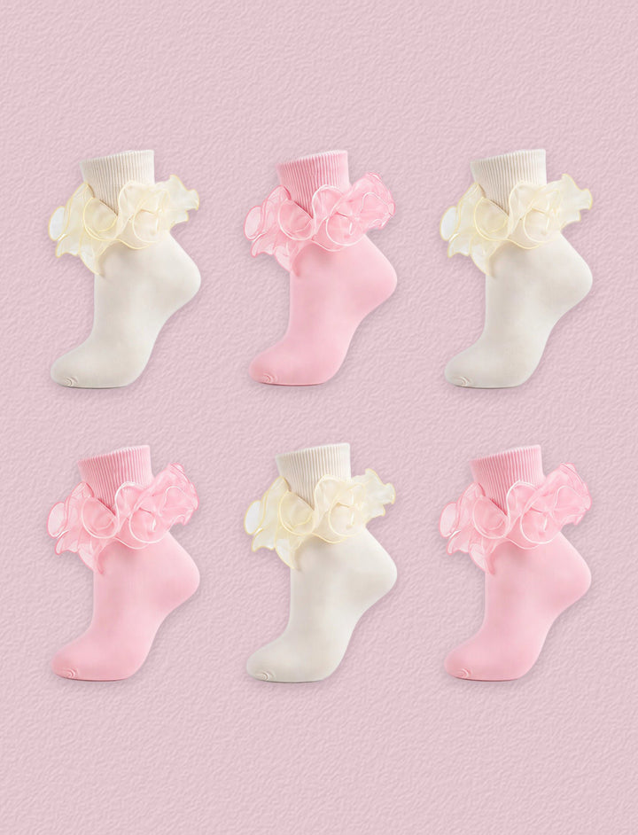 FRILLORA Women's Big Double-Ruffle Turn-Cuff Dress Socks, 6 Pairs - Cream, Pink - 6 Pairs