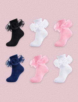 FRILLORA Women's Big Double-Ruffle Turn-Cuff Dress Socks, 6 Pairs - Black, White, Pink, Navy Blue - 6 Pairs