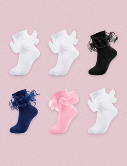 FRILLORA Women's Big Double-Ruffle Turn-Cuff Dress Socks, 6 Pairs - Black, White, Pink, Navy Blue 2# - 6 Pairs