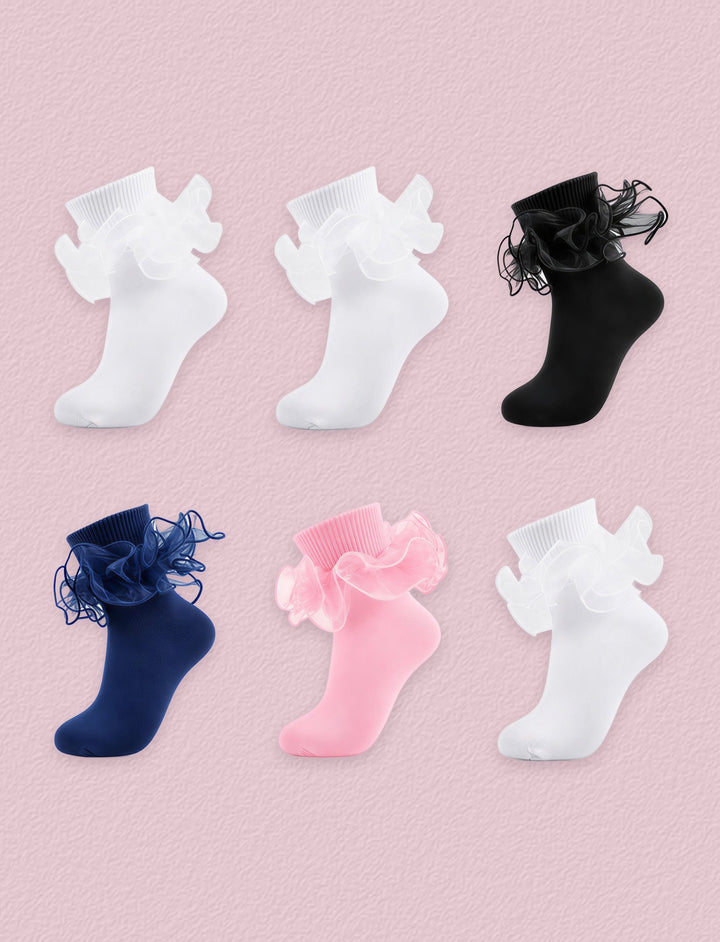 FRILLORA Women's Big Double-Ruffle Turn-Cuff Dress Socks, 6 Pairs - Black, White, Pink, Navy Blue 2# - 6 Pairs