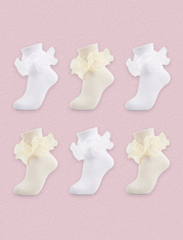 FRILLORA Women's Big Double-Ruffle Turn-Cuff Dress Socks, 6 Pairs - White, Cream - 6 Pairs