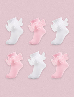 FRILLORA Women's Big Double-Ruffle Turn-Cuff Dress Socks, 6 Pairs - White, Pink - 6 Pairs