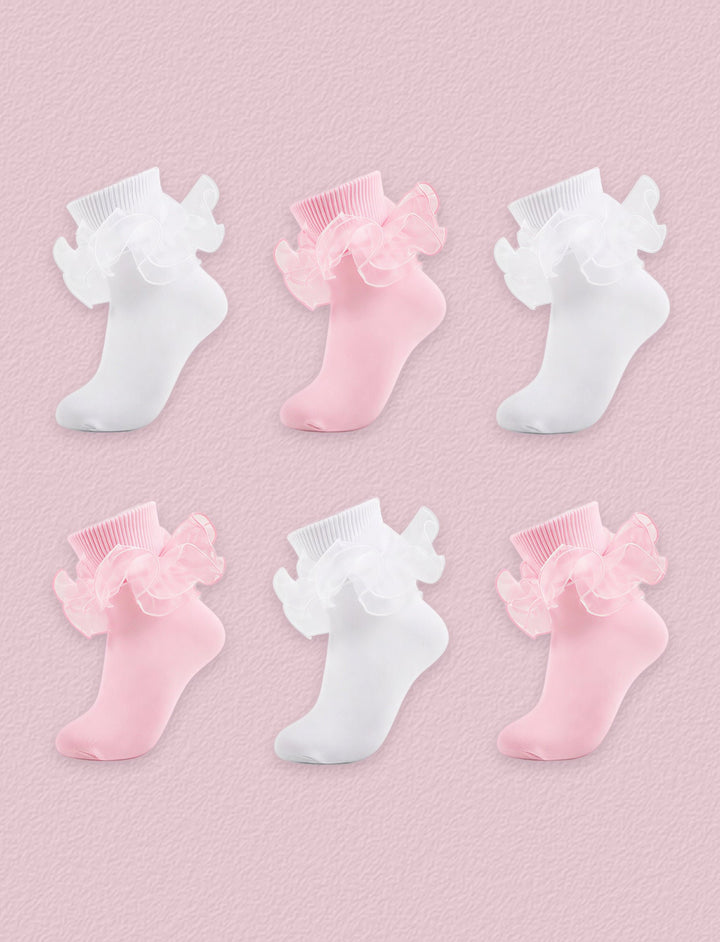 FRILLORA Women's Big Double-Ruffle Turn-Cuff Dress Socks, 6 Pairs - White, Pink - 6 Pairs
