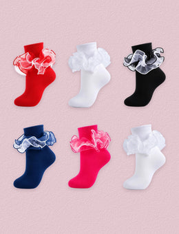 FRILLORA Women's Ruffle Fold-Cuff Dress Socks, 6 Pairs - Black, White, Red, Navy Blue, Hot Pink - 6 Pairs