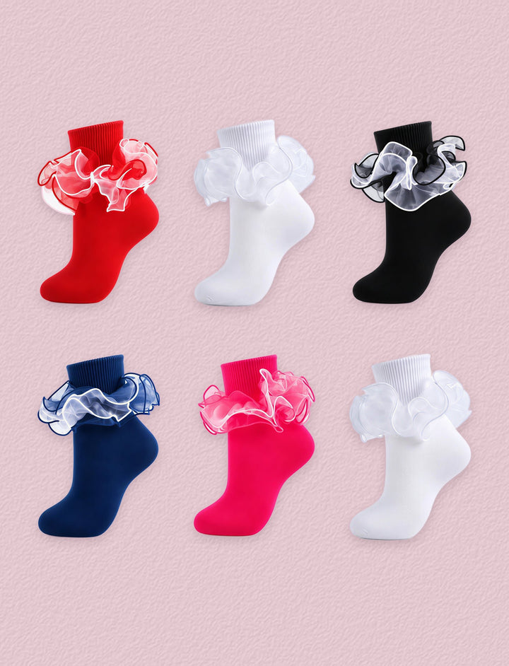 FRILLORA Women's Ruffle Fold-Cuff Dress Socks, 6 Pairs - Black, White, Red, Navy Blue, Hot Pink - 6 Pairs