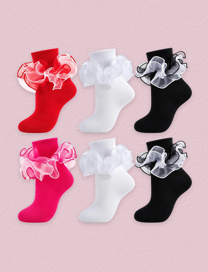 FRILLORA Women's Ruffle Fold-Cuff Dress Socks, 6 Pairs - Black, White, Red, Hot Pink - 6 Pairs