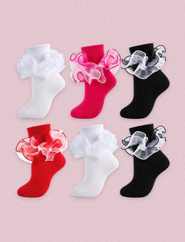 FRILLORA Women's Ruffle Fold-Cuff Dress Socks, 6 Pairs - Black, White, Red, Hot Pink 2# - 6 Pairs
