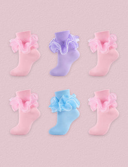 FRILLORA Women's Ruffle Fold-Cuff Dress Socks, 6 Pairs - Purple, Blue, Pink - 6 Pairs