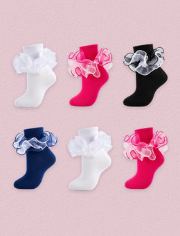 FRILLORA Women's Ruffle Fold-Cuff Dress Socks, 6 Pairs - Black, White, Hot Pink, Navy Blue - 6 Pairs