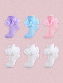 FRILLORA Women's Ruffle Fold-Cuff Dress Socks, 6 Pairs - Purple, Blue, Pink, White - 6 Pairs