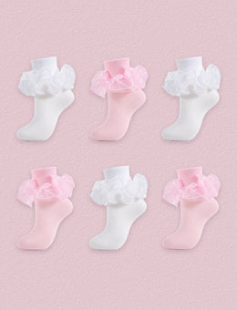 FRILLORA Women's Ruffle Fold-Cuff Dress Socks, 6 Pairs - White, Pink - 6 Pairs