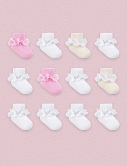FRILLORA Baby Girl Ruffle Grip Socks for Newborns, 12 Pairs - Pink, Beige, White - 12 Pairs