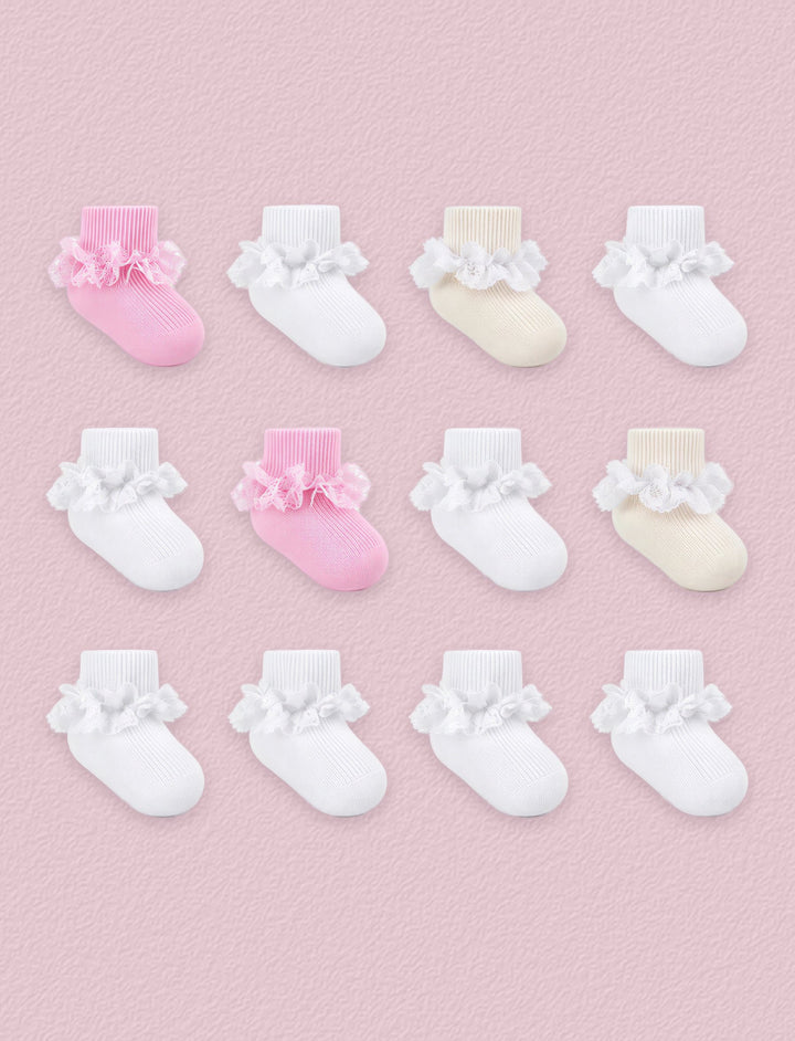 FRILLORA Baby Girl Ruffle Grip Socks for Newborns, 12 Pairs - Pink, Beige, White - 12 Pairs
