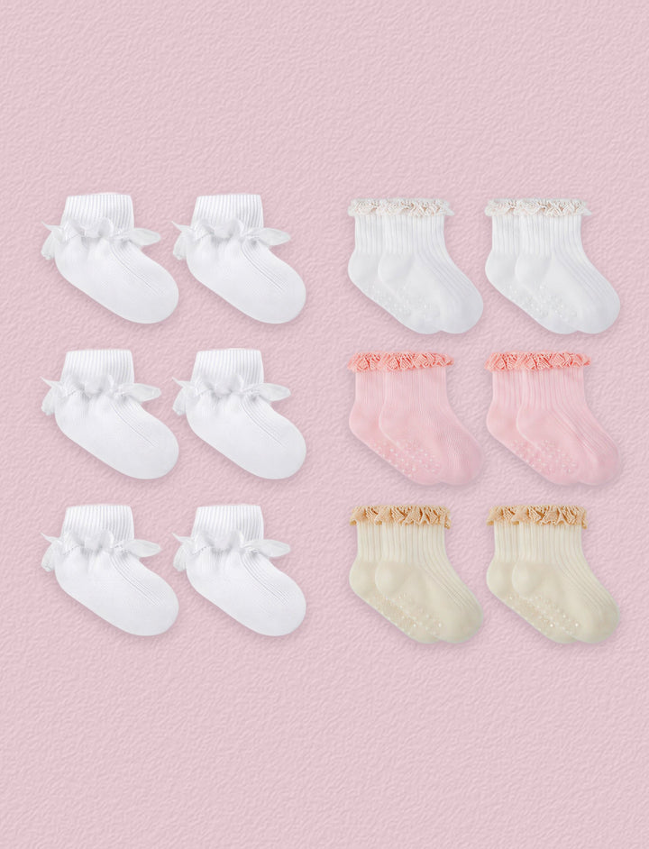 FRILLORA Baby Girl Ruffle Grip Socks for Newborns, 12 Pairs - Pink, Beige, White 2# - 12 Pairs